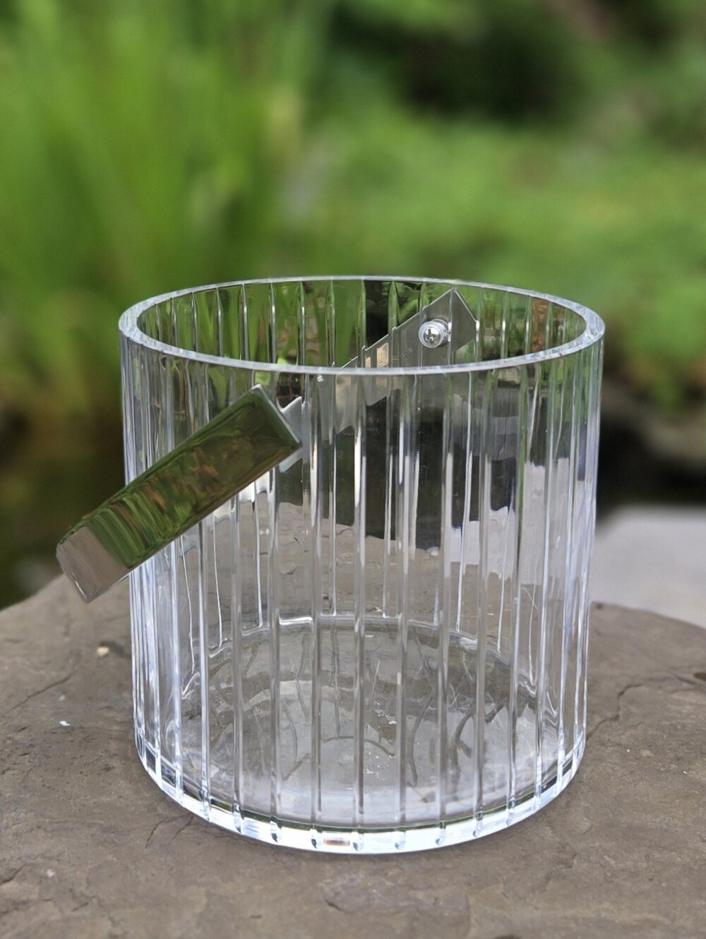 Vtg Crystal Sasaki Ice Bucket with Stainless Steel Handle Fine Crystal 6in